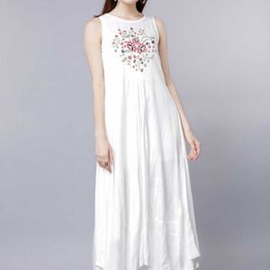 NWT VISHUDH Rayon white maxi dress with floral print red ,green & navy blue SZXL